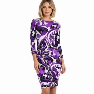 Cache Bodycon Sheath Dress Purple White Black Abstract Print Size XS NWOT